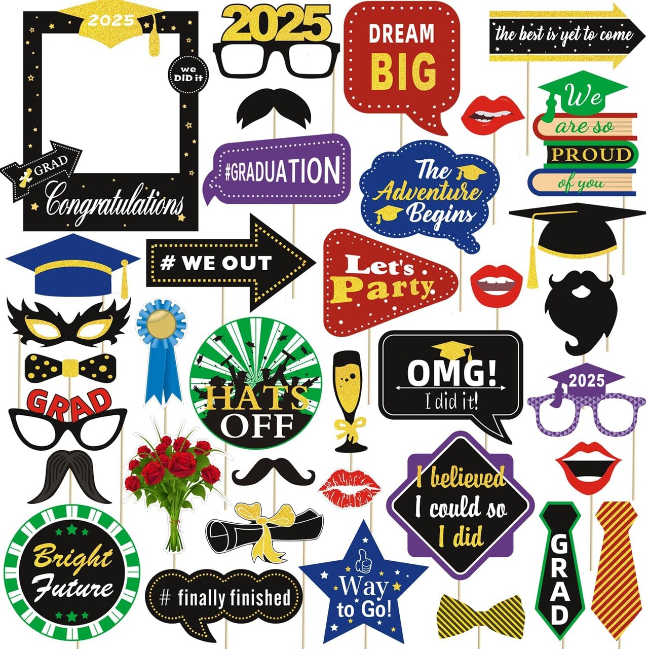 36PCS Graduation Photo Booth Props – Class of 2025 Grad Party Photo Props Set, 2025 Graduation Decorations & Pose Signs for Party Favors and Photo Booth Fun